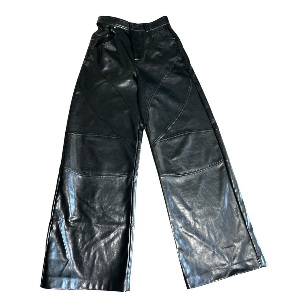 Zara W Black Faux Leather Wide Leg Cut Out Pockets Small Pants Biker Core Rocker - Picture 2 of 12